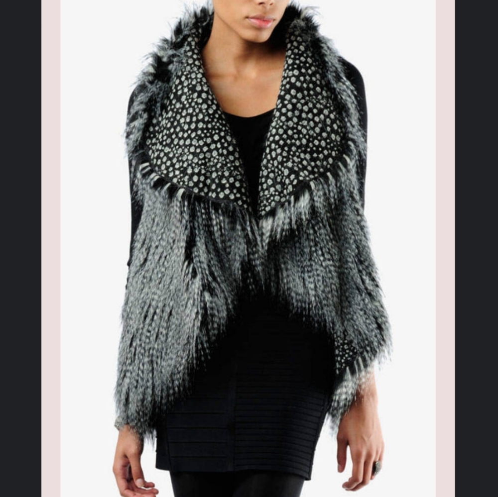 Alice + Olivia Black and Gray Faux Fur Vest with Patterned Collar